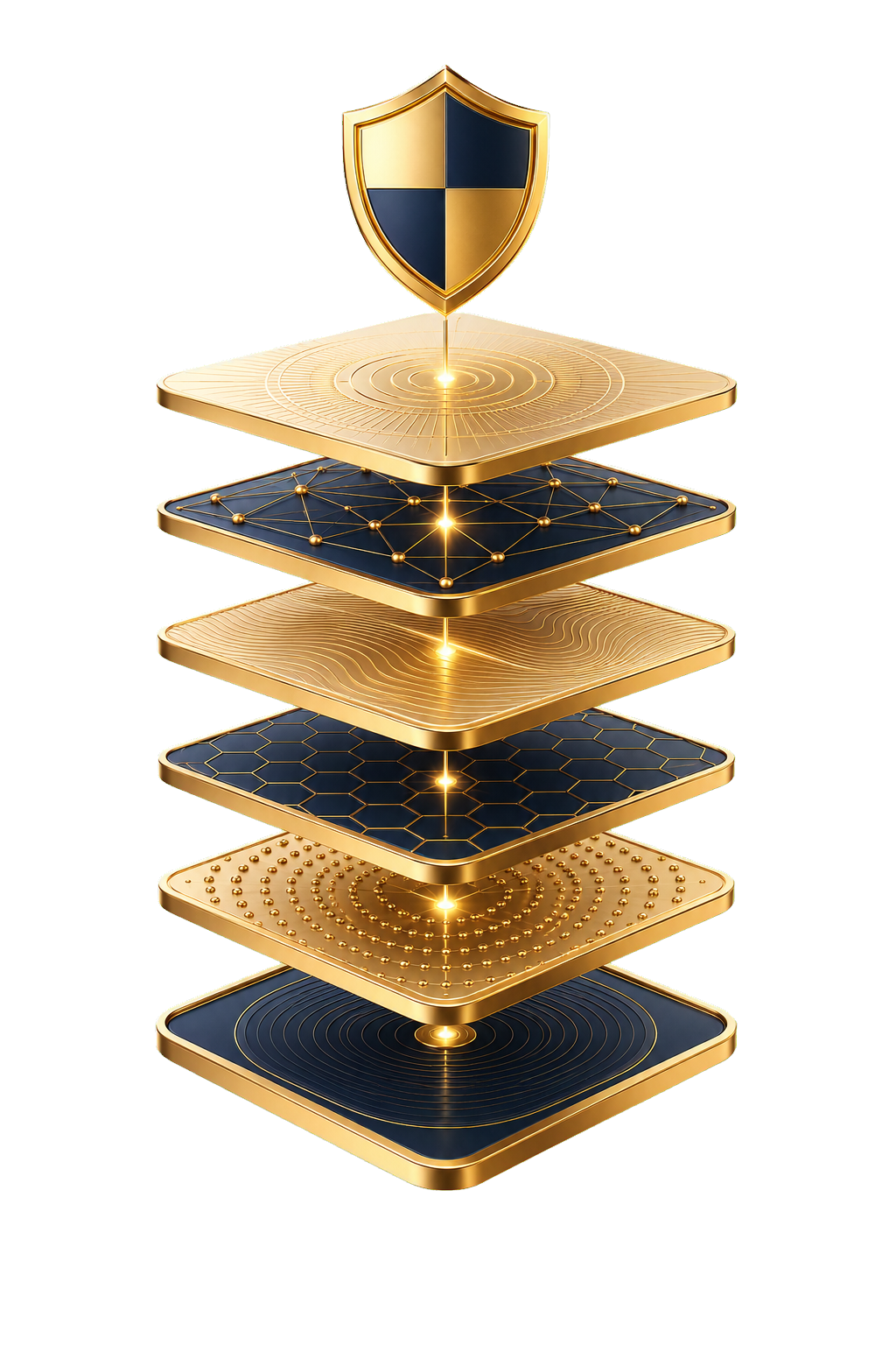 Layered defense illustration showing stacked protection tiers beneath a shield